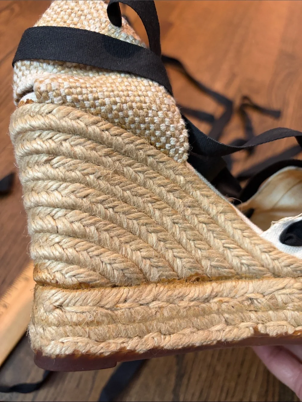 Castaner size 7 Cream Canvas Espadrille Wedges with Black Ribbon Ties